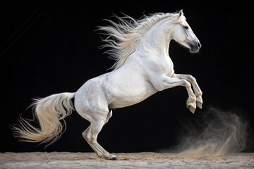 Majestic white horse rearing gracefully against a deep black background in motion