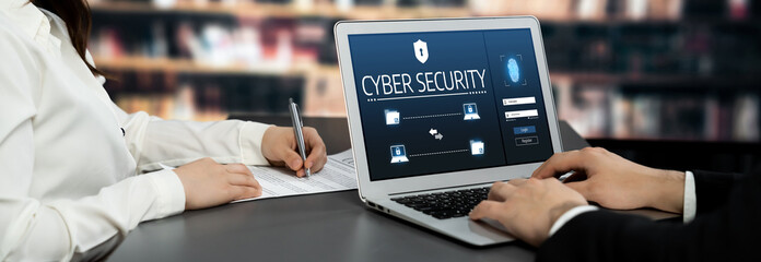 Cyber security system on computer screen protect private information brisk from hacker and cyber...