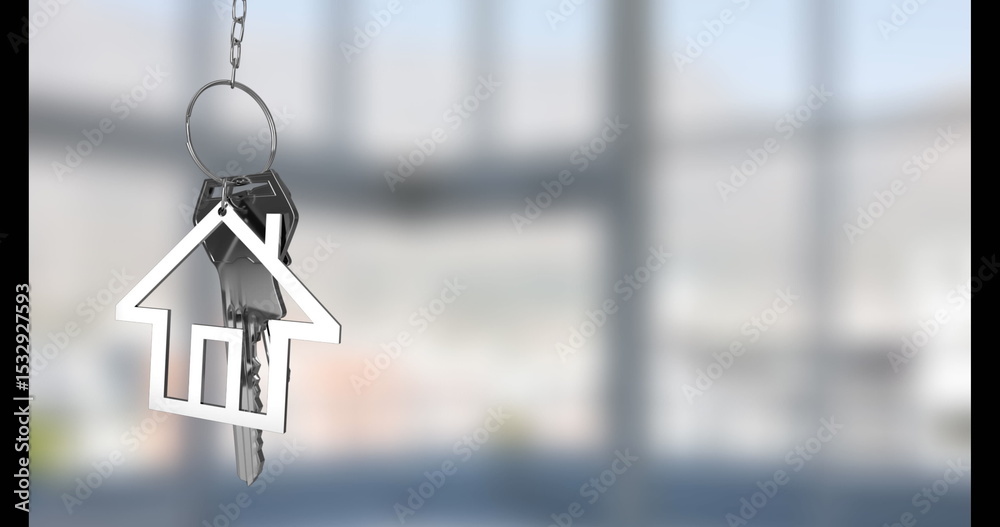 Wall mural displaying silver keyring holding house keychain and two keys in empty room, with diffused light