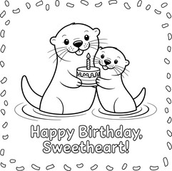 Two Otters Celebrate Birthday Cake Black and White Line Art