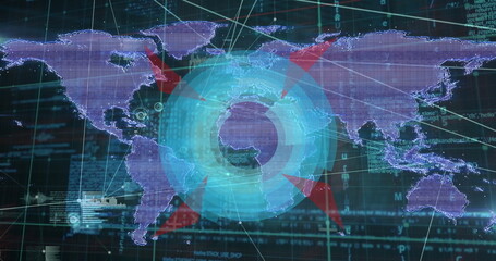 Displaying blue radar overlay scanning world map in interface, with red pointers and network lines