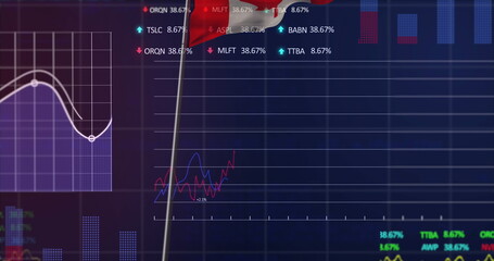 Displaying digital stock dashboard on monitor, with purple line graph, circular markers and tickers
