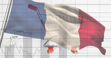 Displaying shopping cart with red wheels draping French flag on chart grid, showing percent changes