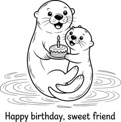 Two Otters Celebrate Birthday Cake Water Ripples Black White Line Art