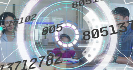 Holding smartphone, family writing in notebook on table, typing on laptop at home with tech overlay