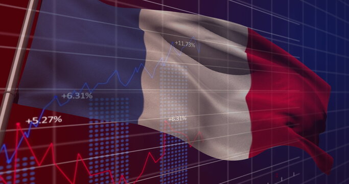 Naklejki Waving French flag showcasing grid lines in digital space, with line and bar graphs and percentages