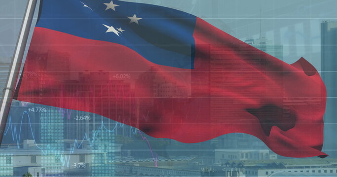 Waving flag of Samoa billowing along urban harbor skyline, with financial charts and graph overlays