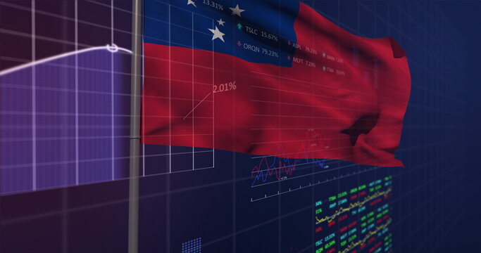 Naklejki Waving red flag on pole in virtual data space, with translucent grid overlay, stock charts, ticker