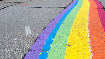 Colorful sidewalk chalk art creates vibrant rainbow stripes. Close-up view shows textured chalk designs on pavement. Pride celebration art powerful symbol of acceptance, diversity. Urban art in