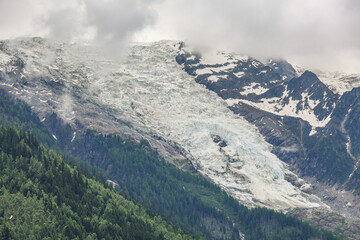 Amazing view of the Glacier des Bossons . Bossons Glacier in Mont Blanc Massif, Haute Savoie, French Alps, Chamonix, Europe