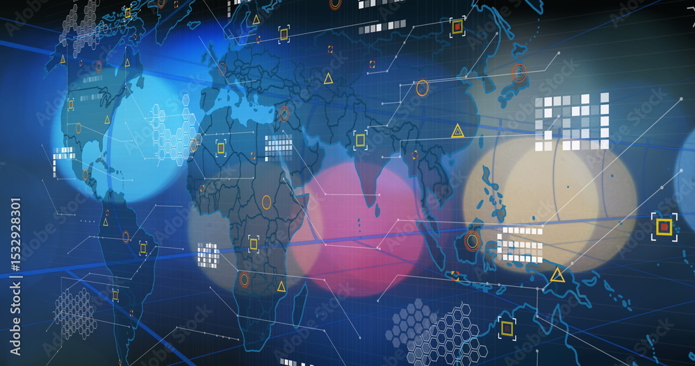 Poster showing global map in data hub with network lines connecting colored circles, grid blocks, markers