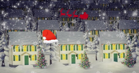 Glowing three snowy houses at village with fir trees, overlaying snowflakes, flying Santa sleigh