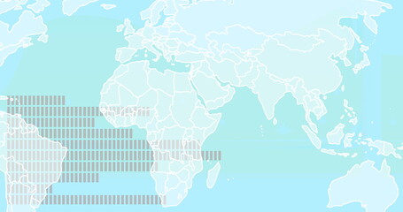 Displaying stylized world map outlines at digital map interface, with grey data overlay bars