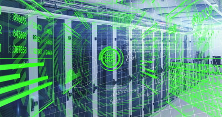 Powering central rack-mounted servers humming inside data center, with neon green overlays