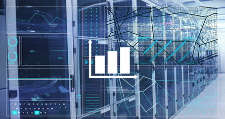 Displaying server racks projecting AR data overlays in data center, with bar chart and network map