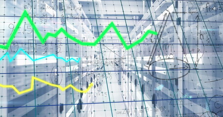 Displaying data center corridor featuring server racks and LED lights, formula grid and neon graphs