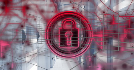 Glowing neon-red padlock floating in data center corridor, with wireframe grid and server racks