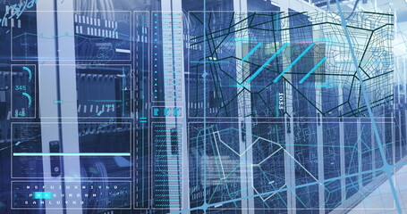 Streaming server racks projecting holographic overlays in data center aisle, with network switches