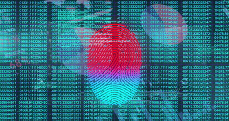 Displaying multicolored fingerprint floating over green numeric data columns on computer screen