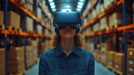 Woman using VR headset in warehouse with stocked shelves
