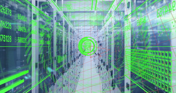 Showing server corridor in data center, glowing with indicator lights and green HUD overlay