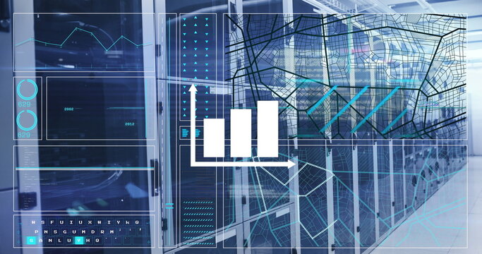 Displaying server racks projecting AR data overlays in data center, with bar chart and network map