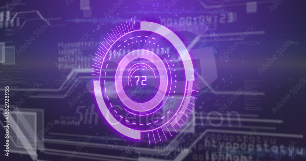 Poster displaying futuristic hud glowing purple in interface with 5th generation and numeric readout 72