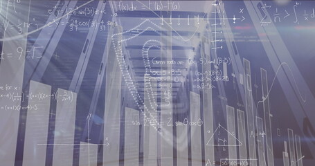 Receding long corridor inside facility, with vertical columns, beams and math overlays
