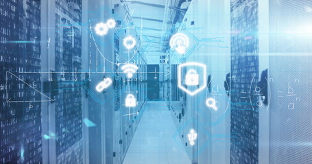 Obraz premium Displaying aisle of server racks with data lights in data center corridor with padlock icons