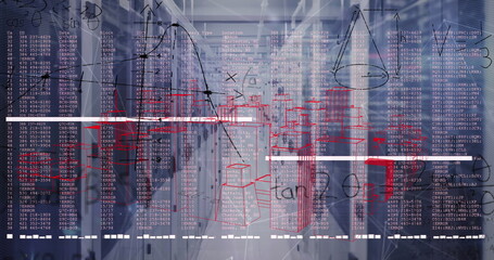 Stretching server racks along secure data center corridor, with digital code and wireframe overlays