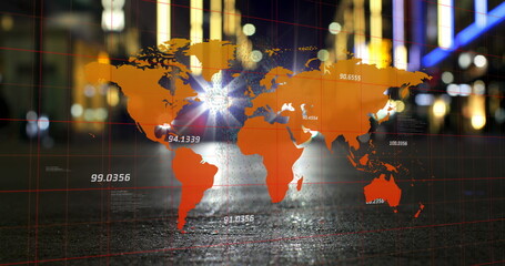 Displaying orange world map overlay on wet nighttime avenue, with red grid lines, numeric labels