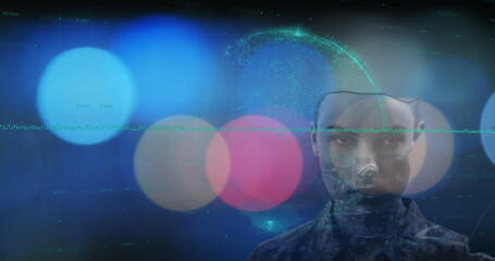 Avatar face showing holographic data in virtual space, with particle sphere and waveform line