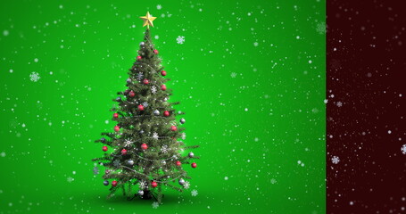 Shining decorated Christmas tree in studio with gold star topper, lights and falling snowflakes