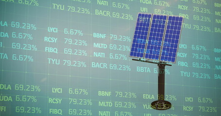 Showing freestanding solar panel in digital grid space, with stock ticker percentages, copy space