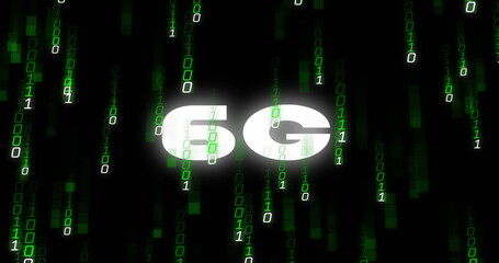 Streaming green binary digits cascading across virtual network background, with glowing 6G label