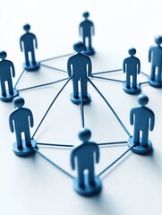 This image features a stylized organizational chart in blue, showcasing connections among figures. Ideal for visualizing management structures, team relations, and corporate dynamics.