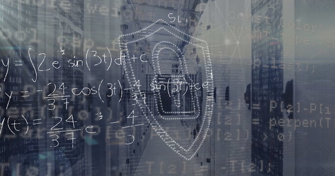 Walking IT technician navigating server rack corridor with floating code and padlock shield overlay