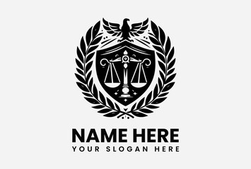 Detailed black and white legal emblem featuring a balance scale on a shield, flanked by olive branches and topped with an eagle. Law firm concept