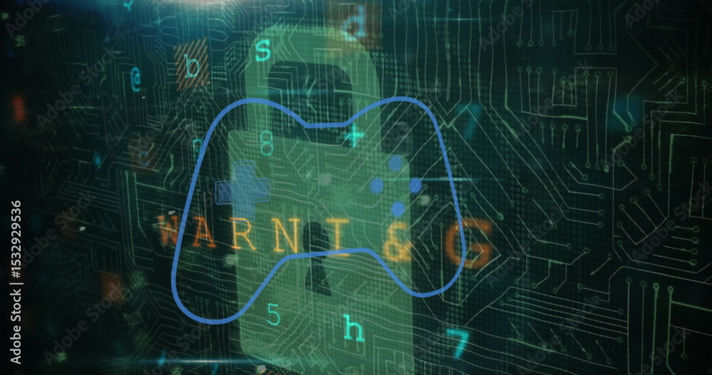 Poster Displaying green padlock hovering over circuit traces, wireframe gamepad and glitching WARNING text
