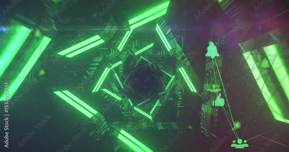  rendering hexagonal tunnel glowing with green bars in data tunnel, showing connected ui icons