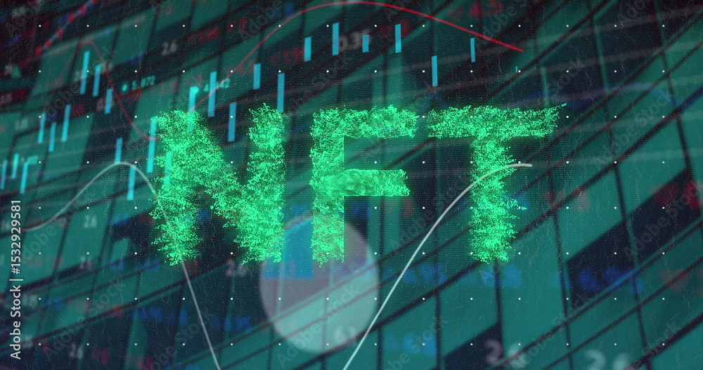 Poster displaying glowing green nft text over virtual dashboard, with candlestick chart and line graph