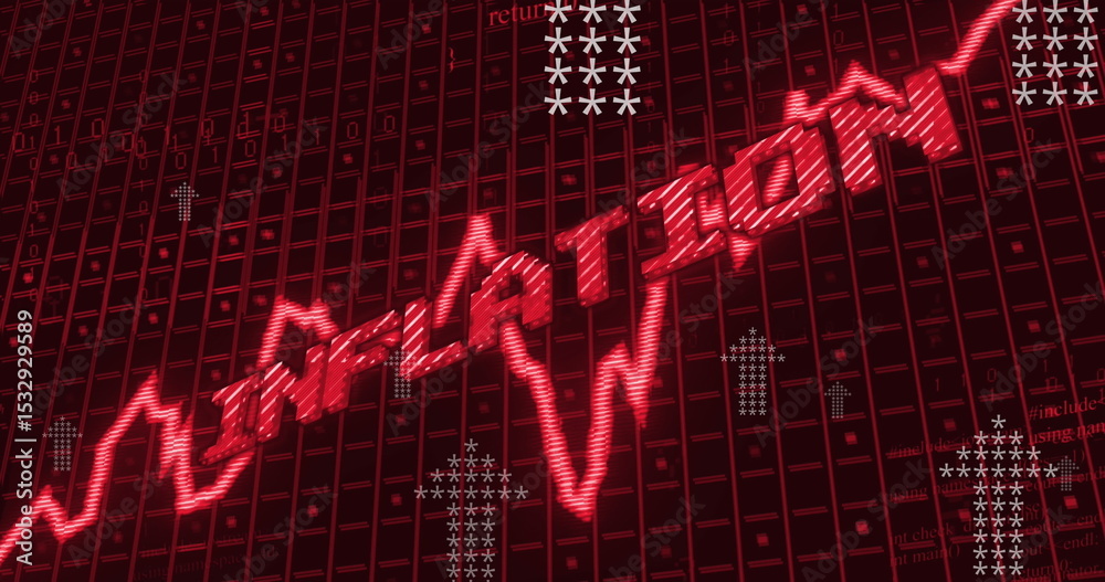 Poster displaying red jagged line graph morphing into inflation on screen, with number grid, ascii arrows