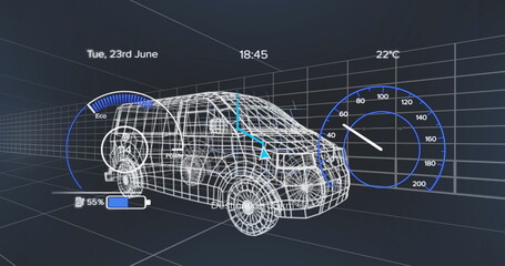 Displaying 3D wireframe van model in digital grid space, with eco-power gauge and speedometer dial
