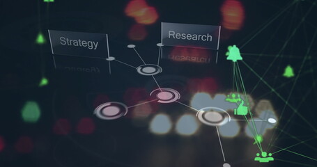 Showing network in dashboard, with connecting lines, Strategy and Research panels, thumbs-up icons