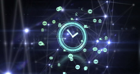 Glowing analog clock face connecting network and floating currency, marketing icons in digital grid