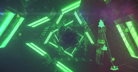 Rendering hexagonal tunnel glowing with green bars in data tunnel, showing connected UI icons