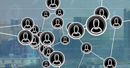 Displaying network of user avatar icons linking over high-rise city skyline, with data overlays