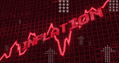 Displaying red jagged line graph morphing into INFLATION on screen, with number grid, ASCII arrows