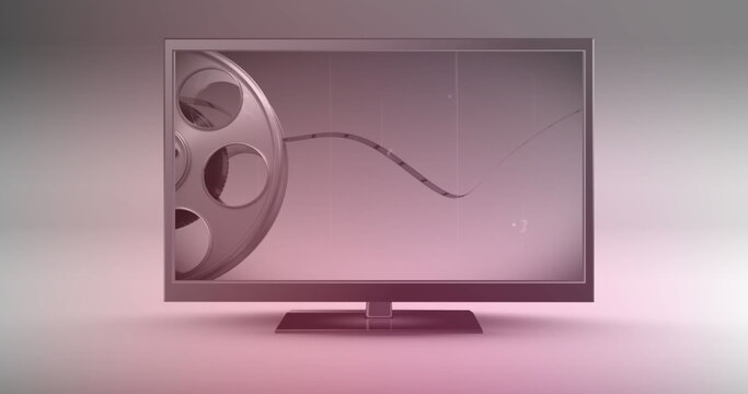 Flat-screen monitor displaying metallic film reel and filmstrip in studio with gradient backdrop - Powered by Adobe