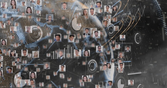Displaying network showing business headshots linking by lines on dotted world map, with bar charts